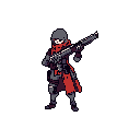 A pixel art soldier stands ready, weapon in hand, against a stark black void. The tactical figure, clad in muted purples and grays, is punctuated by a striking red scarf, hinting at a grim mission or faction affiliation. The design evokes a classic video game aesthetic, focusing on preparedness and a subtle coolness.