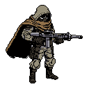 A pixel art mercenary stands ready, assault rifle in hand, their face hidden beneath a hooded garment and flowing scarf. The muted color palette and tactical gear evoke a sense of gritty solitude and military preparedness.