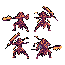 This pixel art showcases a warrior character in four dynamic action poses, wielding a glowing orange weapon and shield. The retro-style sprite evokes a classic RPG feel, hinting at battles and fantasy adventures.