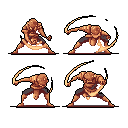 This pixel art showcases a martial artist character in four dynamic poses, ready for action. Rendered in warm browns and beiges against a stark black background, the figure's movements are emphasized by stylized motion lines. The character's simple clothing and poses suggest strength and agility.