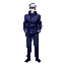A pale character in a dark suit and sunglasses stands poised, hands in pockets, their expression hidden behind dark lenses. The figure's white head covering adds an air of mystery to their serious demeanor.