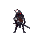 A heavily armored cyborg, glowing with red light, stands ready with its rifle in this detailed pixel art. The ominous color palette and intricate mechanical design create a futuristic and intimidating presence.