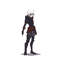 A stoic, pale-haired rogue or adventurer stands in profile, their dark and detailed clothing hinting at a mysterious past. This pixel art character exudes a melancholic vibe with its muted color palette.