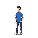 This pixel art showcases a relaxed male character with a neutral expression, clad in blue jeans and a polo shirt, standing confidently against a stark black backdrop. His casual pose and simple color palette create an approachable and unassuming vibe.
