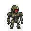 A pixelated, olive green and gray robotic figure stands ready with a striking red visor, embodying a classic sci-fi aesthetic.