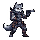 This pixel art features a stern, anthropomorphic wolf in tactical gear, armed with a handgun and ready for action. The detailed design and muted color palette create a serious and potentially combative vibe.
