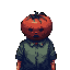A pixel art figure with a vibrant red tomato for a head sports a dark green jacket, creating a peculiar and slightly unsettling image. The figure's expression is neutral, and the overall color scheme is muted, save for the striking red tomato.
