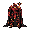 A powerful, pixelated knight stands ready, clad in detailed armor and wielding an ornate staff. The imposing figure's unwavering stance and rich color palette evoke a sense of might and authority.