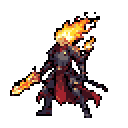 A formidable, flaming-skulled knight brandishes a fiery sword, ready to unleash supernatural power. This pixel art warrior, clad in dark armor and red accents, exudes an ominous and powerful presence.