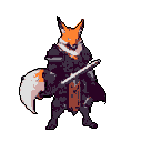 A pixelated fox samurai stands ready, katana in hand, radiating quiet strength. The earthy color palette and focused stance hint at a serious fantasy or historical setting.