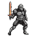 A stoic, fully armored knight stands ready for battle, their glowing sword a vibrant beacon against their muted armor. The pixel art evokes a sense of fantasy and power, highlighting the knight's readiness for action.