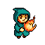 A cheerful, hooded character in a teal robe lovingly cradles a small, bright fire elemental. The pixel art's warm color palette and simple design create a cute and whimsical scene.