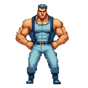 This pixel art features a muscular soldier or guard in a blue-grey uniform, striking a powerful pose with a stern expression. The character exudes strength and authority, reminiscent of classic video game aesthetics.
