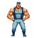 This pixel art image features a stern and muscular male character in tactical attire, striking a confident pose. The muted color palette and detailed pixel work evoke a sense of retro gaming strength and determination.