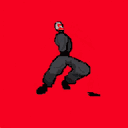 A pixel art character in a dark suit strikes a dynamic pose, possibly mid-kick, with a red-eyed mask. The figure's action stance and the minimalist design suggest stealth or covert operations.