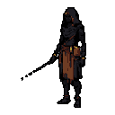 A mysterious, cloaked mage stands staff in hand, their face hidden beneath a deep hood. The pixel art figure exudes an aura of intrigue and perhaps a touch of danger with dark robes accented by subtle gold details.