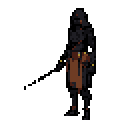 A hooded, pixel-art rogue or assassin stands poised with a rapier, their dark armor and obscured face hinting at a mysterious and dangerous presence.