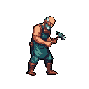 This pixel art portrays an older craftsman, hammer raised, caught in a moment of focused labor. His muted, earthy tones and simple overalls evoke a sense of timeless industry.