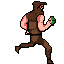 A pixel art thief sprints to the right, clutching a green gem in his hand. His brown hooded outfit and obscured face hint at stealth as he makes his escape.