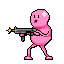 A cute, pink blob-person armed with a submachine gun unleashes a burst of pixelated fury. The absurd juxtaposition of adorable design and violent action creates a humorous and eye-catching image.