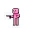 A pink, humanoid figure brandishes twin handguns in this minimalist pixel art, striking a quirky and retro action pose against a stark background. The simple design and contrasting weaponry create a darkly humorous vibe.