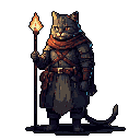 A confident, grey tabby cat adventurer stands ready, holding a flaming torch staff. This pixel art character exudes a humble yet determined vibe, hinting at a mysterious quest.