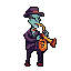 This pixel art image features a cool, greenish-blue humanoid in a purple suit and fedora, passionately playing a brass saxophone. The vibrant colors and retro style create a jazzy and slightly quirky vibe.