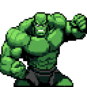 A muscular, green-skinned brute throws a powerful punch in this pixel art image, showcasing a dynamic pose and intense aggression. The character's furrowed brow, pupil-less eyes, and gritted teeth amplify the feeling of raw power and impending impact.
