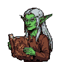 A focused, green-skinned elf with white hair is depicted from the chest up, intently studying a large, ornate book. The pixel art image evokes a sense of quiet study and fantasy, with the elf's gaze drawn to the weathered tome in their hands.