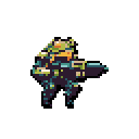 A heavily armored, futuristic humanoid stands ready for battle, weapon arm poised. The figure's dark purple and blue armor is accented with pops of yellow and teal, hinting at a powerful, video game-esque character.