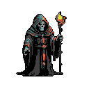 A cloaked, skeletal figure reminiscent of the Grim Reaper commands attention in this pixel art portrait, clutching a flaming staff. The ominous image evokes themes of death and magic with its dark palette and powerful presence.