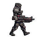 A heavily armored figure strides forward, clutching a massive firearm, ready for action in this retro-futuristic pixel art.  Red accents highlight power in the dark, industrial armor, suggesting a dystopian military presence.