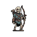 A skeletal archer in worn attire stands ready, bow in hand, with a single cyan pixel glowing eerily in its eye socket. The pixel art character evokes a classic dark fantasy vibe with its muted color palette and detailed design.