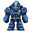 This pixel art image showcases a heavily armored, robotic warrior in a classic 8-bit style, evoking a powerful character from retro gaming. The blue and gray armored figure stands ready, radiating a sense of determined strength.