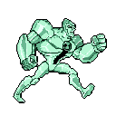 This pixel art depicts a powerful, robotic figure in mid-run, marked with a unique arrow symbol and a surprising tie. The monochromatic green palette and retro style evoke classic video game sprites.