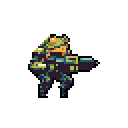 Check out this pixel art frog warrior! Armored in futuristic gear and wielding a hefty weapon, this amphibian is ready for action. The simple orange-brown background keeps the focus on this intriguing and slightly humorous character.
