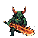 A menacing, pixel-art monster brandishes a massive, flaming sword, its fierce expression and powerful stance conveying raw aggression. The creature's dark greens and grays sharply contrast with the vibrant flames, creating an ominous mood.