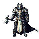 A stoic, pixel-art knight stands ready, clad in detailed, cool-toned armor accented with gold, and grips a war hammer. The image evokes a sense of solemn strength and classic fantasy.