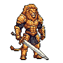 A regal, armored lion warrior stands ready for battle, wielding a gleaming silver sword in this striking pixel art depiction. The golden-clad figure exudes power and royalty, suggesting a heroic character from a rich fantasy world.