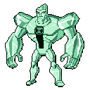 A powerful, crystalline humanoid figure dominates the scene in this pixel art image. The imposing character, marked with a unique hourglass-like symbol on its chest, stands ready with a menacing posture.