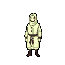 A mysterious figure in a pale hooded coat and dark brown boots stands silently, face obscured with simple red features. The pixel art evokes a sense of stillness and isolation.