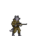 This pixel art depicts a determined wolf soldier, rifle in hand, ready for action. The muted color palette and classic style evoke a sense of preparedness and nostalgia.