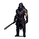 A mysterious, hooded figure in dark armor stands ready, staff in hand, their shadowed eyes hinting at a dangerous or burdened soul. The muted tones and solitary pose create an ominous and intriguing character portrait.