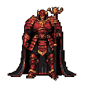 This pixel art showcases a powerful, armored warrior in striking red and gold, posed statically with an ornate staff, exuding authority and strength.