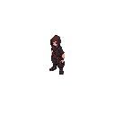 A lone, cloaked ninja-like figure stands alert in the darkness, his identity shrouded in shadow. The pixel art evokes a sense of mystery and stealth through its dark palette and isolated subject.