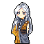 A melancholic, chibi-style woman with silvery-white hair stands against a black background, her muted gray and gold clothing adding to the calm, yet slightly somber mood. The intricate pixel art highlights her detailed features and delicate attire.
