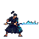 A pixel art samurai warrior strikes a dynamic pose, wielding a glowing polearm crackling with icy, mystical energy. The image conveys focused intensity and potential action.
