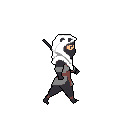 A pixel art assassin strides forward, his dark attire and masked face hinting at mystery, while a whimsical panda-themed hood adds a unique touch. The muted color palette and sheathed sword complete this intriguing character design.