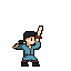 A pixel art warrior stands poised with their sword raised, embodying a moment of tense anticipation. The minimalist design focuses on the character's ready stance and determined expression.