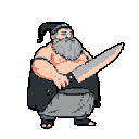 A stoic, pink-skinned character with a grey beard wields a large, gleaming knife. This pixel art image captures a sense of quiet preparedness, highlighted by the character's calm expression and the ominous size of the blade.